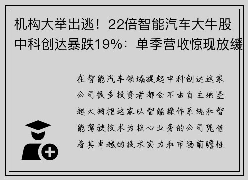 机构大举出逃！22倍智能汽车大牛股中科创达暴跌19%：单季营收惊现放缓