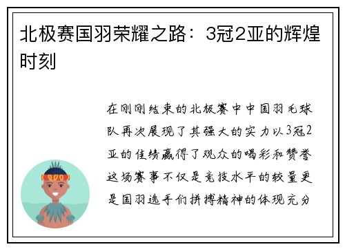 北极赛国羽荣耀之路：3冠2亚的辉煌时刻