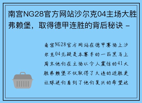 南宫NG28官方网站沙尔克04主场大胜弗赖堡，取得德甲连胜的背后秘诀 - 副本